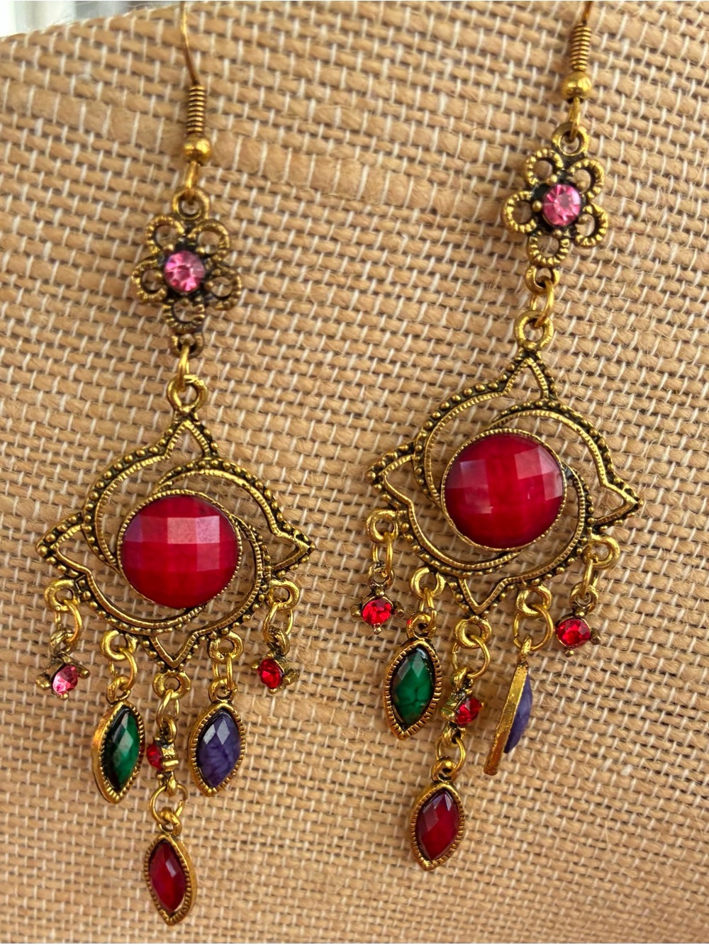 Ornate Red Green Purple Chandelier Statement Earrings - Picture 5 of 5